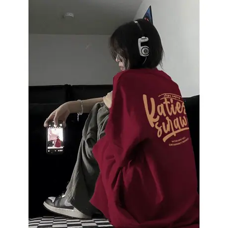 酒红色短袖t恤女夏季港味chic美式复古宽松oversize潮牌半袖上衣图片