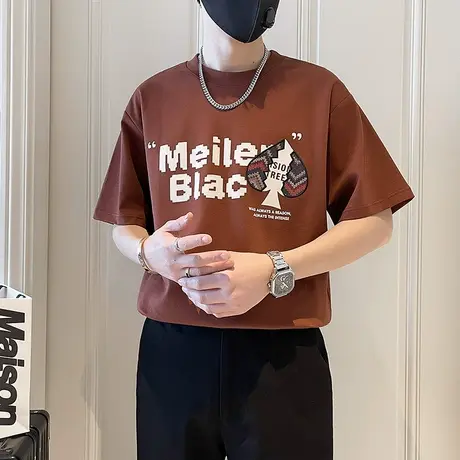 潮牌短袖印花T恤男夏季2024新款ins轻熟宽松半袖上衣潮流青年T恤商品大图