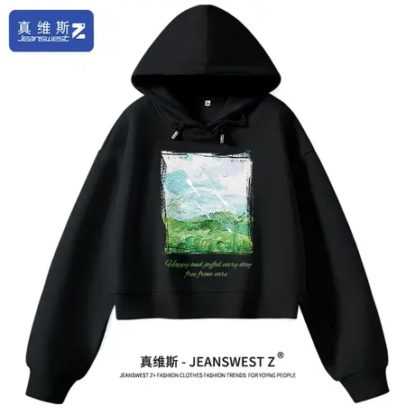 真维斯Z+黑色卫衣女2024早春新款宽松圆领女士长袖上衣服套头衫H商品大图