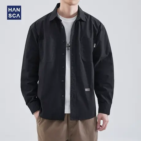 hansca黑色休闲衬衫男日系复古春季新款潮牌宽松大码纯棉工装外套商品大图