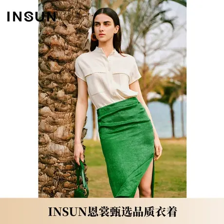 INSUN恩裳夏季褶皱开衩直筒醋酸半身裙图片