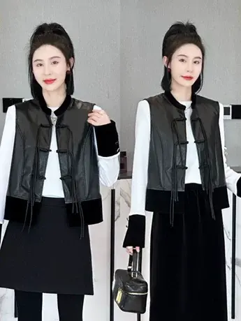 新中式流苏盘扣皮马甲女2024新款爆款设计感拼接立领宽松马夹外套图片