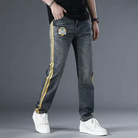 2024春季高端条纹刺绣水洗蓝色直筒牛仔裤男宽松欧货阔腿长裤子潮商品大图