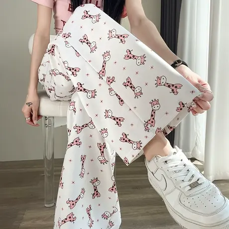 卡通印花休闲裤女春夏2024新款高腰显瘦慵懒垂坠感直筒阔腿拖地裤商品大图