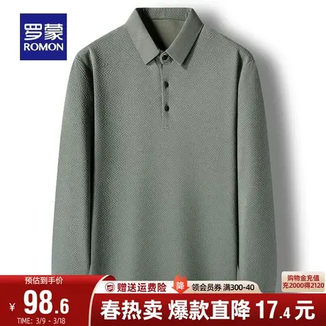 罗蒙男士商务休闲长袖翻领POLO衫2024春季新款简约百搭格子T恤衫商品大图