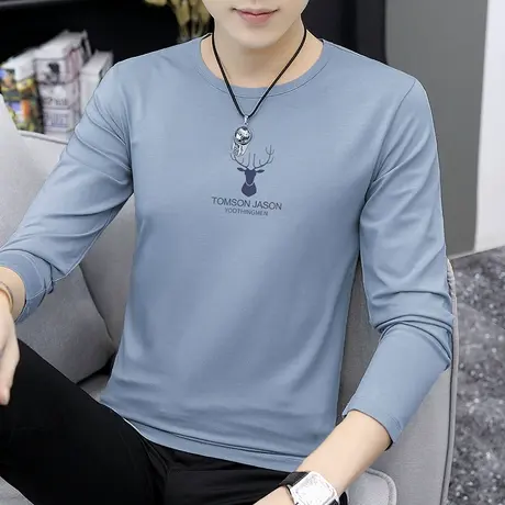 莫代尔长袖t恤男潮牌潮流圆领上衣服秋季内搭打底衫鹿头体恤男生商品大图