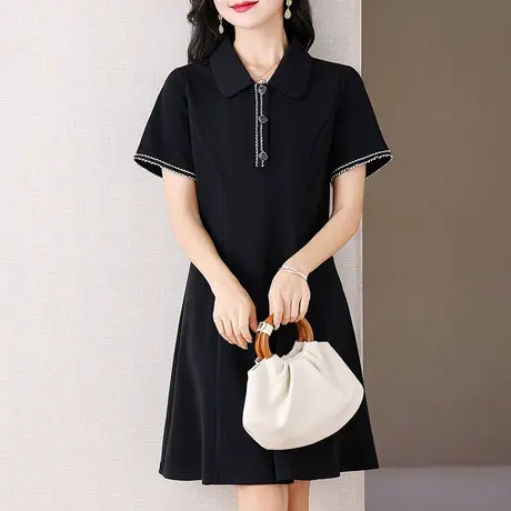 伊自尚2023年夏季新款大码休闲翻领小黑裙收腰显瘦气质短袖连衣裙商品大图