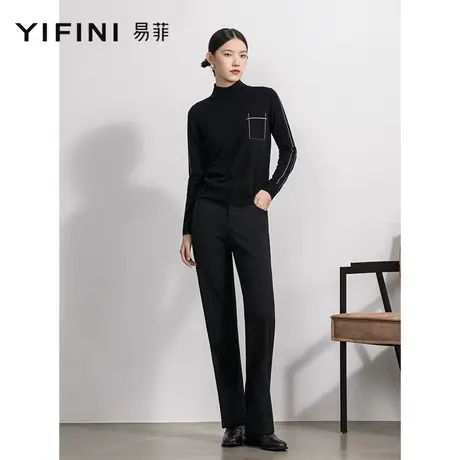 Yifini/易菲黑色加绒直筒长裤女秋冬新款保暖休闲宽松西裤商品大图