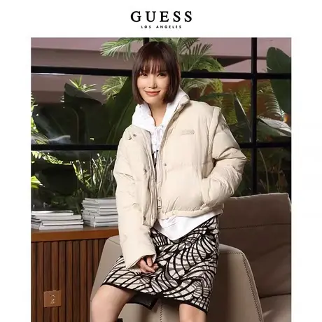 GUESS新款秋冬季女士防风保暖象牙白休闲可脱卸衣袖短款羽绒服图片