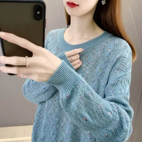 针织衫女洋气2023年春装新款韩版圆领拼色洋气宽松百搭勾花上衣潮商品大图