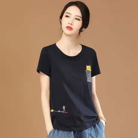 韩潮袭人刺绣短袖t恤女装2023夏季新款正肩遮肚子上衣宽松体恤薄商品大图