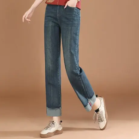 韩潮袭人复古松紧腰卷边阔腿牛仔裤女2023秋季新款宽松直筒裤子商品大图
