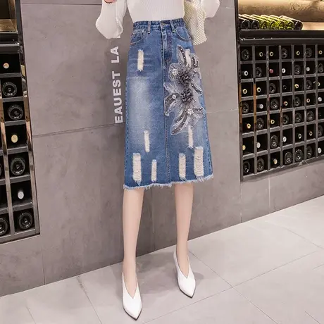 牛仔裙半身裙女时尚春夏新款包臀A字裙复古高腰中长钉珠绣花破洞6图片