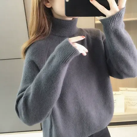 高领毛衣女士加厚秋冬季百搭打底衫复古慵懒风针织衫宽松外穿纯色图片