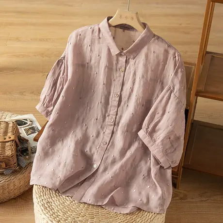 享永子七分袖苎麻刺绣衬衫女夏文艺复古宽松百搭棉麻上衣2023新款商品大图