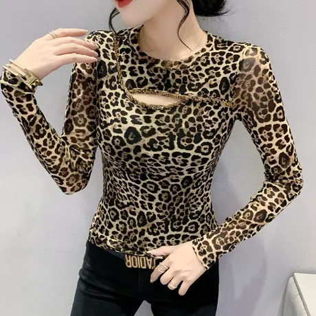 时尚豹纹上衣女长袖2023春秋新款网纱拼接钉珠T恤性感镂空打底衫商品大图