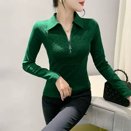 气质减龄POLO领T恤女长袖ins性感拉链拼接烫钻上衣洋气修身打底衫商品大图