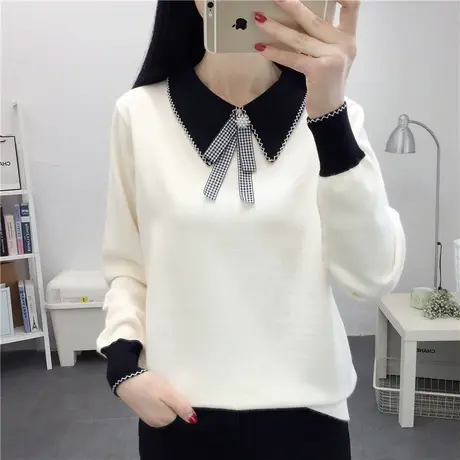 娃娃领蝴蝶结长袖宽松毛衣女2022春装女上衣外穿女士针织打底衫潮商品大图