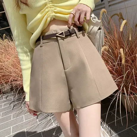 卡其色5分工装短裤女2022春秋直筒阔腿西装裤休闲a字裤子高腰中裤商品大图