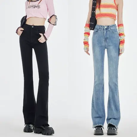 黑色高腰微喇牛仔裤女春秋季2023年新款春秋显瘦美式喇叭马蹄裤子商品大图