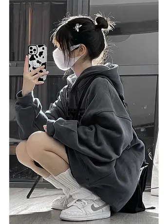 连帽卫衣女秋冬宽松慵懒风小个子复古美式hiphop加绒加厚外套上衣图片
