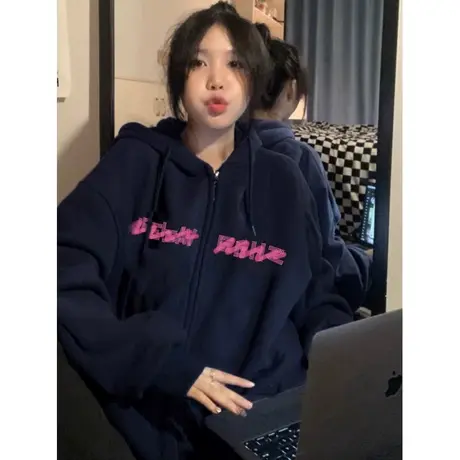 设计感小众连帽开衫卫衣女春秋季薄款宽松慵懒风拉链上衣带帽外套图片