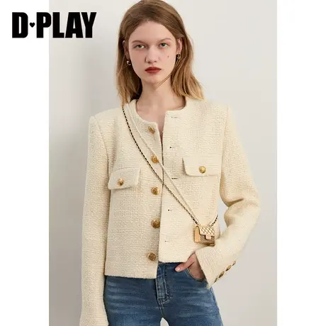 DPLAY【黑标】秋装新杏色粗花呢短外套名媛风气质小香风西装商品大图