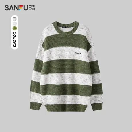 三福2023冬男士宽条纹花纱毛衣 慵懒时尚宽松圆领上衣男476242商品大图