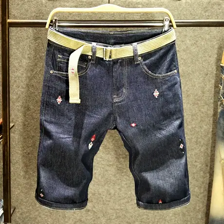 原色潮牌刺绣牛仔短裤男宽松哈伦韩版五分裤夏季薄款深色裤子男潮商品大图
