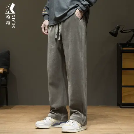 希越360g重磅雪尼尔休闲裤男秋季复古直筒裤宽松大码胖子拼接长裤商品大图
