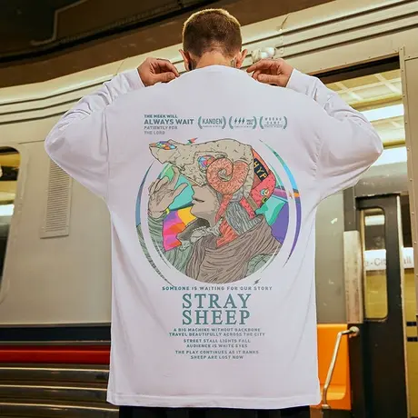 2023新款嘻哈国潮衣服纯棉男潮牌潮流加肥加大t恤宽松长袖男装潮图片