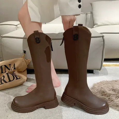 棕色长筒靴女2023新款厚底小个子不过膝骑士靴春秋显瘦气质高筒靴图片