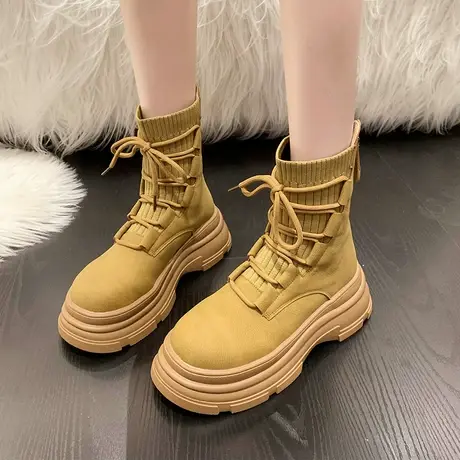 马丁靴女款夏秋季厚底2023爆款单靴瘦瘦弹力飞织袜子鞋高帮短靴子图片