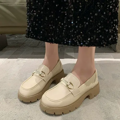 小众厚底乐福鞋女2023秋季新款百搭女鞋一脚蹬单鞋英伦风jk小皮鞋商品大图
