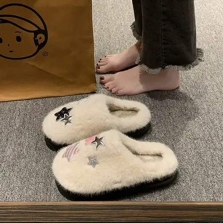 时尚五角星棉拖鞋女冬季外穿毛绒防滑踩屎感厚底保暖室内居家拖鞋商品大图