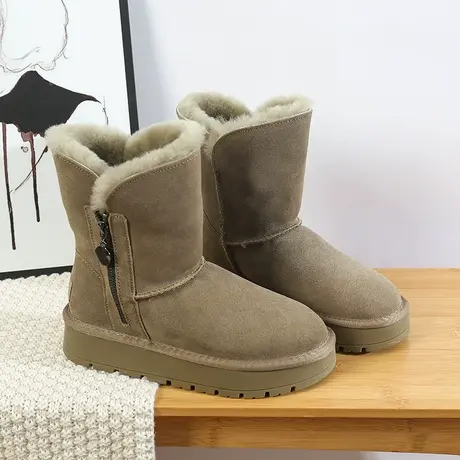 厚底冬季东北中筒雪地靴女皮毛一体加绒加厚真皮羊毛保暖拉链棉鞋图片