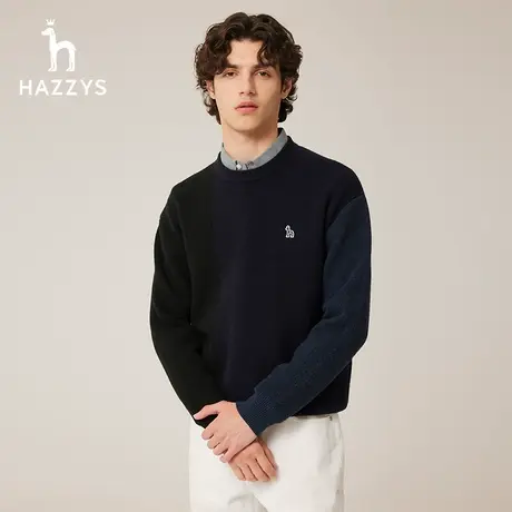 【商场同款】Hazzys哈吉斯冬季新品男士圆领毛衣保暖针织衫男潮流商品大图