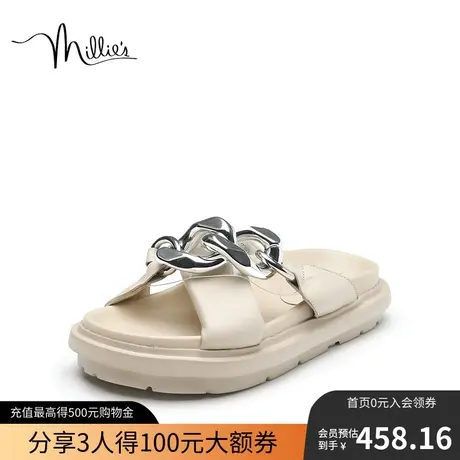 millie's妙丽夏季时尚链条休闲简约通勤百搭潮流厚底羊皮女凉拖鞋图片