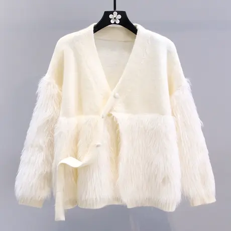 温柔风水貂绒拼接毛衣外套女秋冬2023新款日系甜美设计感针织开衫商品大图