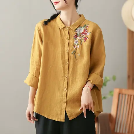dza 复古亚麻女士衬衫2023夏季翻领绣花长袖衬衣休闲百搭开衫上衣商品大图