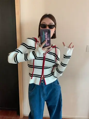 2023春秋季新款韩版修身显瘦时尚百搭条纹连帽针织衫开衫外套女潮商品大图