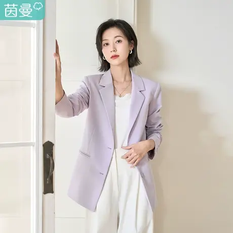 茵曼2023春女装新款利落轻薄肩垫双侧专辑线双唇袋设计西装外套图片