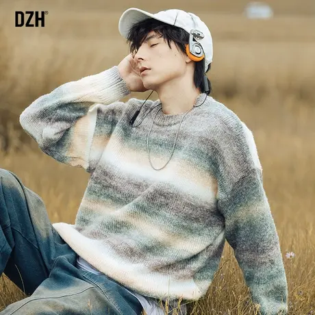 男士条纹针织衫长袖宽松毛衣复古日系慵懒软糯套头打底内搭男冬季图片