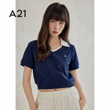 a21女装翻领半开筒短袖polo衫夏季新款撞色设计感女上衣图片