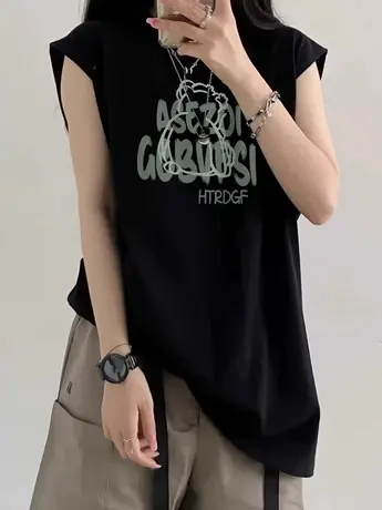 美式复古纯棉吊带坎肩背心无袖t恤女夏设计感小众外穿篮球服上衣图片