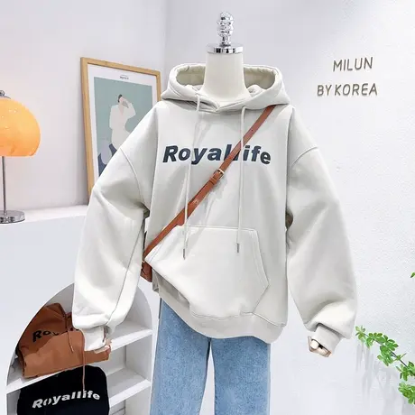 ins韩系慵懒风摇粒绒上衣外套22秋冬款百搭字母加厚加绒卫衣休闲商品大图