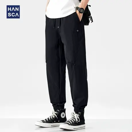 hansca美式黑色休闲裤子男款夏季2025新款轻薄拼接宽松束脚运动裤商品大图