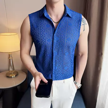 夏季无袖衬衫男高级感镂空背心潮流痞帅冰丝凉感衬衣男士休闲上衣商品大图