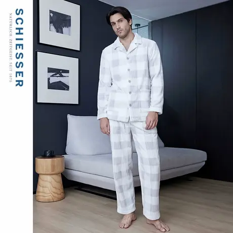 SCHIESSER舒雅男士法兰绒抽条格子加绒加厚睡衣家居服套装21769H图片