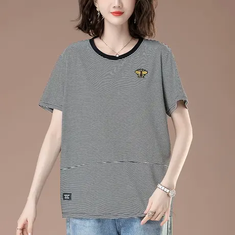 条纹T恤短袖女夏季宽松加肥加大码女装中年妈妈休闲纯棉显瘦体恤商品大图